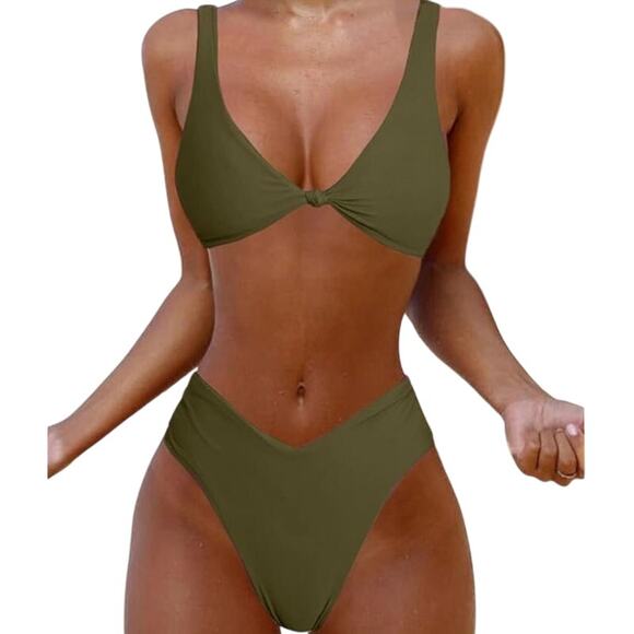 Women's Small Green Sexy Triangle Two Piece V-Neck Solid Knot Front Swimsuit - Picture 2 of 7
